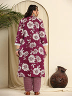 Yufta Purple Pure Cotton Kurta Dupatta Pant Set With Handwork
