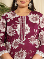 Yufta Purple Pure Cotton Kurta Dupatta Pant Set With Handwork