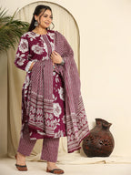 Yufta Purple Pure Cotton Kurta Dupatta Pant Set With Handwork
