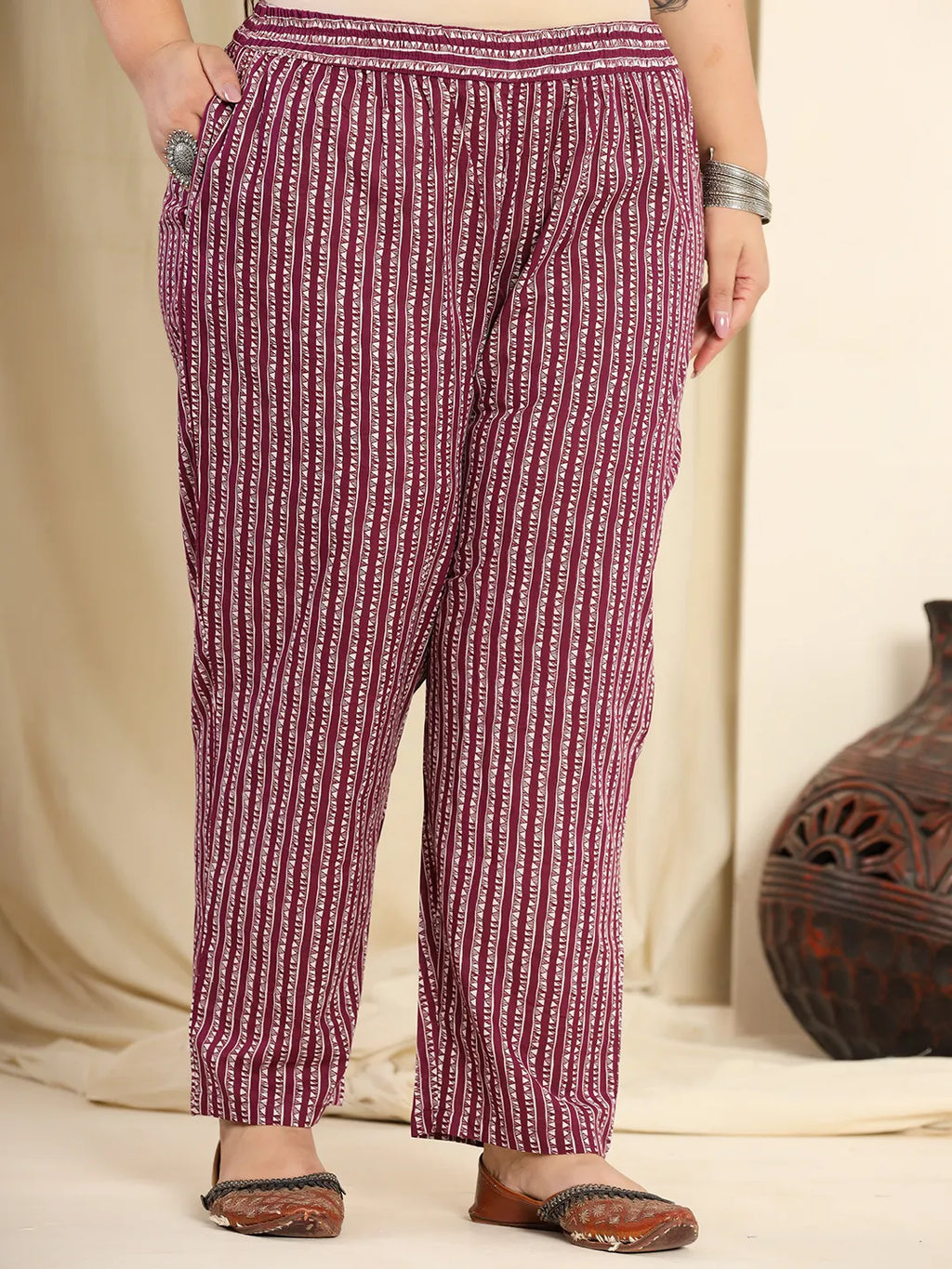 Yufta Purple Pure Cotton Kurta Dupatta Pant Set With Handwork