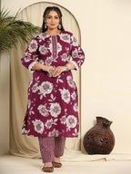 Yufta Purple Pure Cotton Kurta Dupatta Pant Set With Handwork