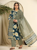 Yufta Teal Blue Pure Cotton Kurta Dupatta Pant Set With Handwork