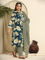 Yufta Teal Blue Pure Cotton Kurta Dupatta Pant Set With Handwork