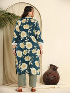 Yufta Teal Blue Pure Cotton Kurta Dupatta Pant Set With Handwork