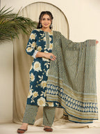 Yufta Teal Blue Pure Cotton Kurta Dupatta Pant Set With Handwork