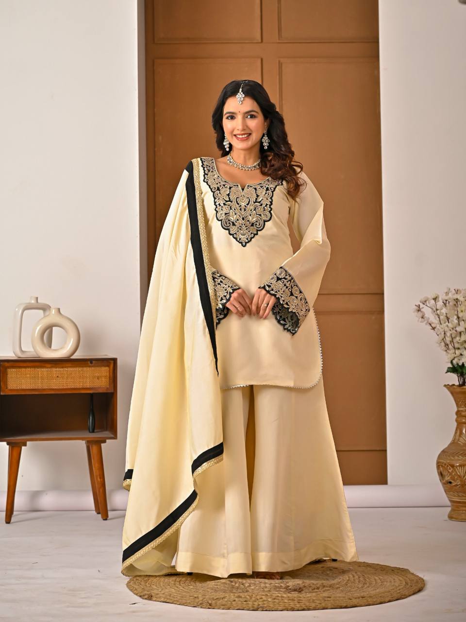 Yash Enterprise Off White Roman Silk Embroidery Party Wear Suit Set - Distacart