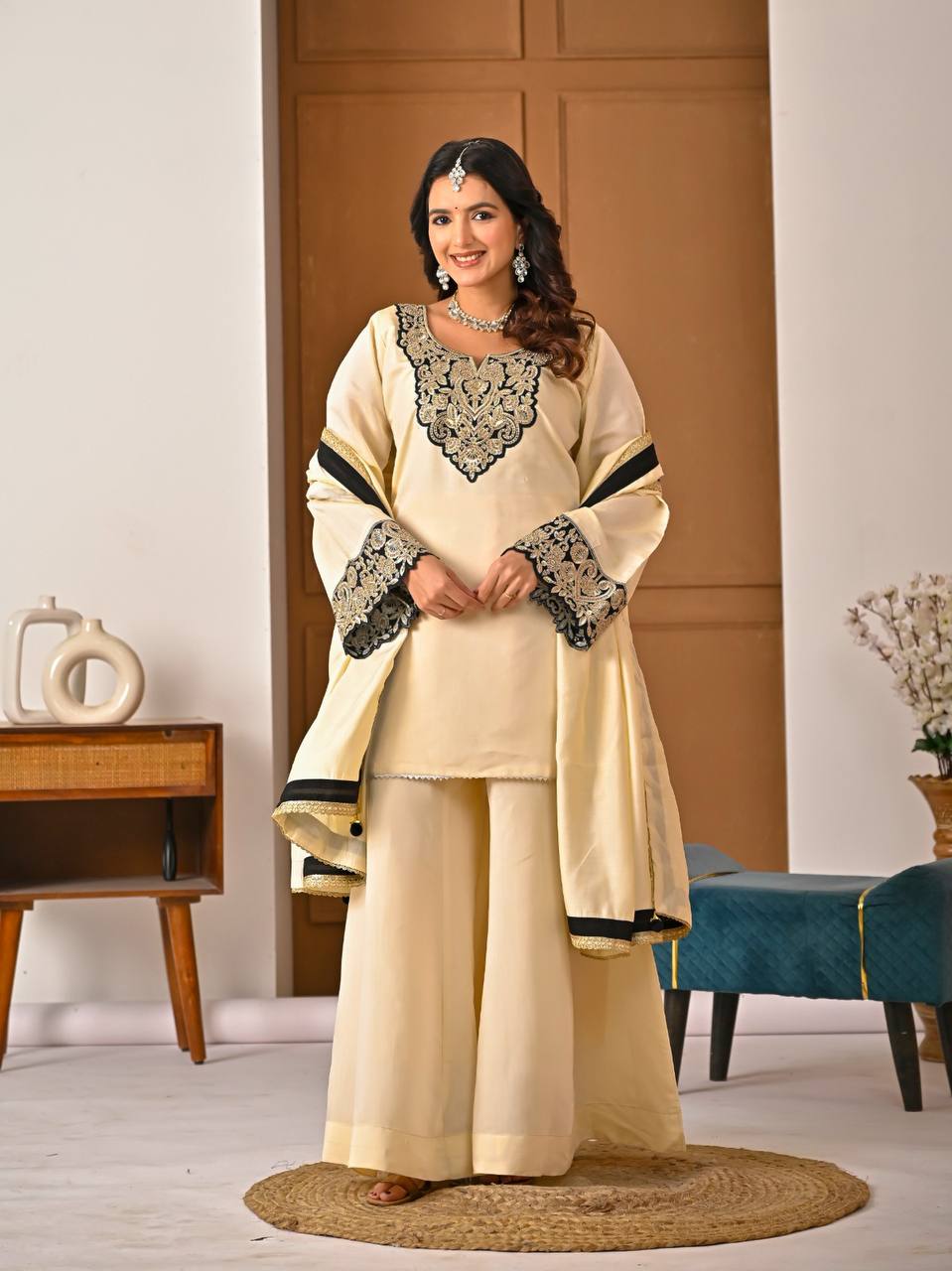 Yash Enterprise Off White Roman Silk Embroidery Party Wear Suit Set - Distacart