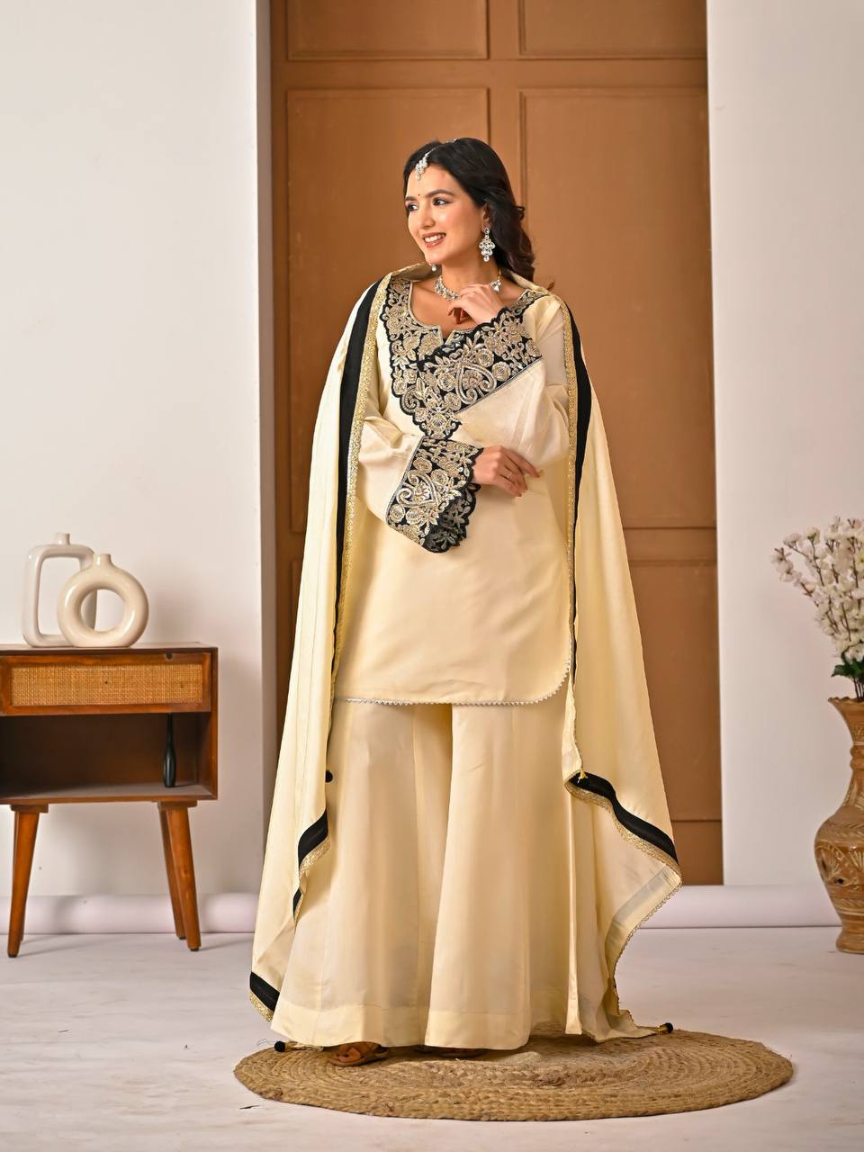 Yash Enterprise Off White Roman Silk Embroidery Party Wear Suit Set - Distacart