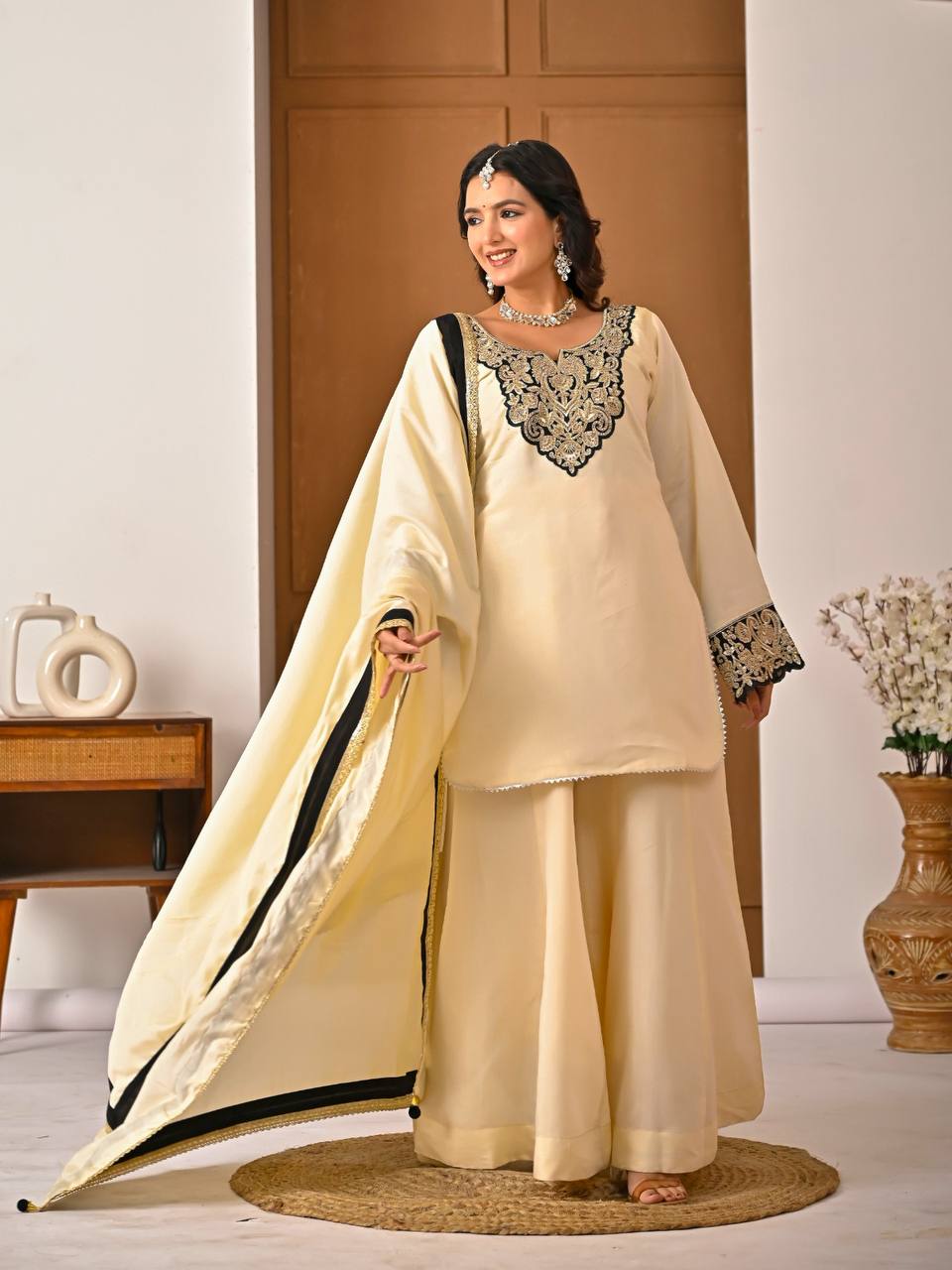 Yash Enterprise Off White Roman Silk Embroidery Party Wear Suit Set - Distacart