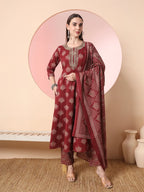 Yufta Maroon Pure Cotton Chikankari Anarkali Kurta Dupatta Pant Set - Distacart