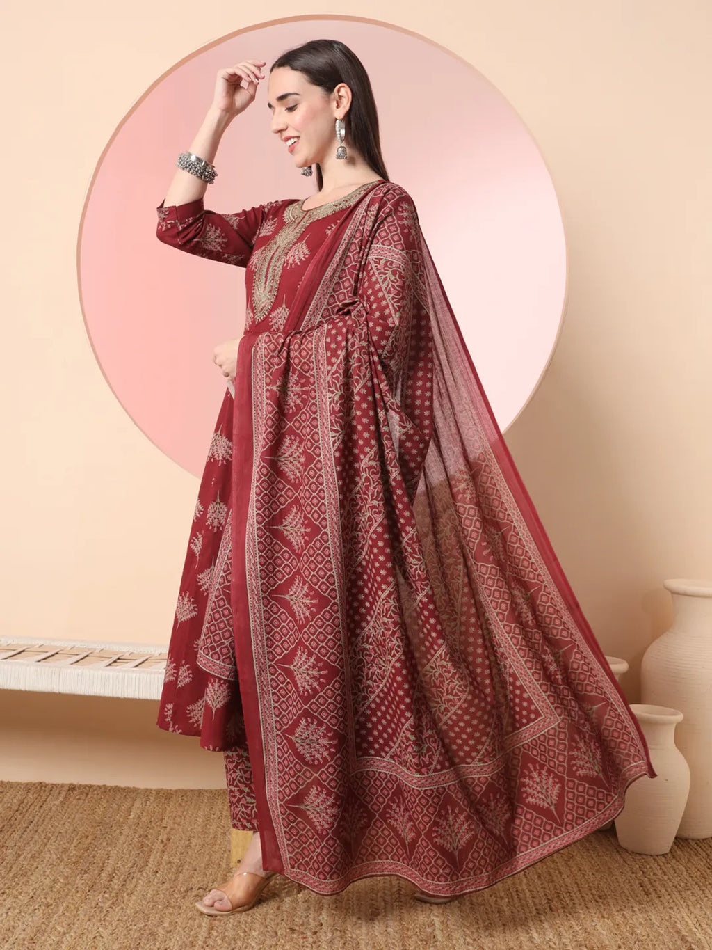 Yufta Maroon Pure Cotton Chikankari Anarkali Kurta Dupatta Pant Set - Distacart