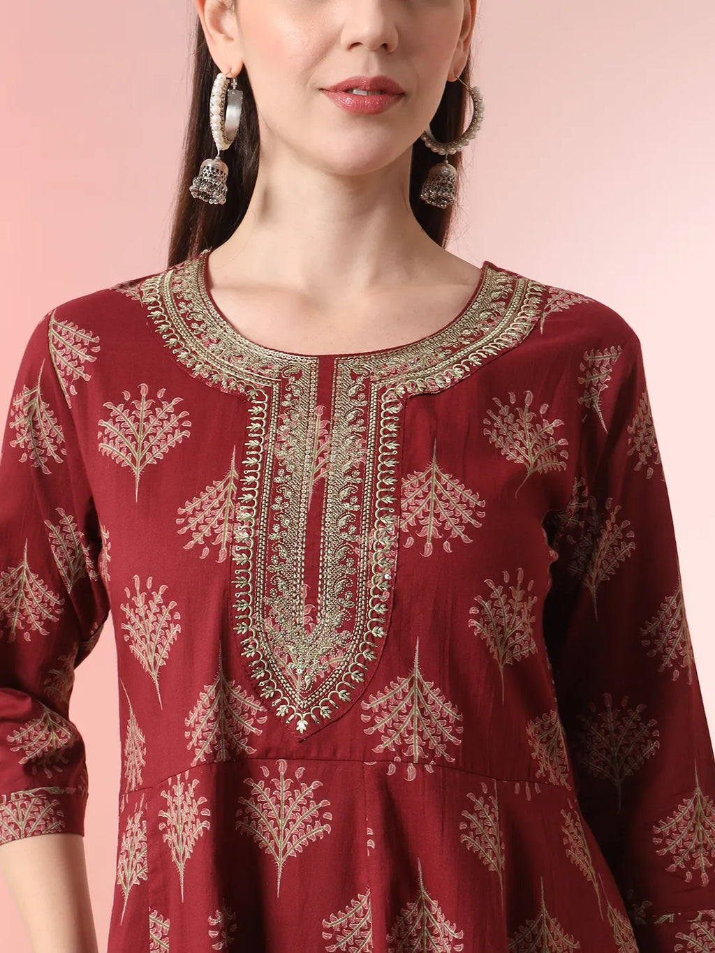 Yufta Maroon Pure Cotton Chikankari Anarkali Kurta Dupatta Pant Set - Distacart