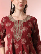 Yufta Maroon Pure Cotton Chikankari Anarkali Kurta Dupatta Pant Set - Distacart