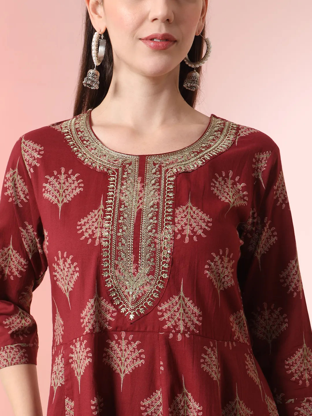 Yufta Maroon Pure Cotton Chikankari Anarkali Kurta Dupatta Pant Set - Distacart