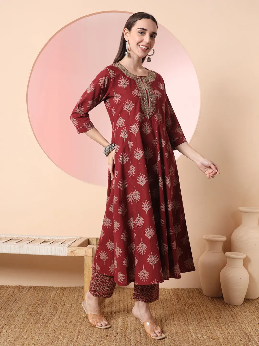 Yufta Maroon Pure Cotton Chikankari Anarkali Kurta Dupatta Pant Set - Distacart