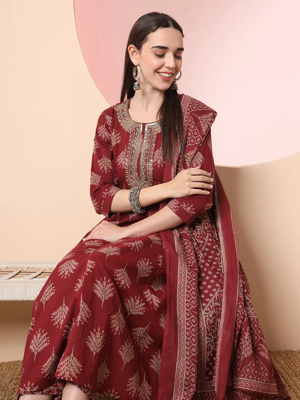 Yufta Maroon Pure Cotton Chikankari Anarkali Kurta Dupatta Pant Set - Distacart