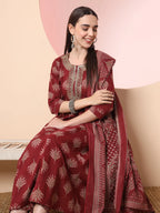 Yufta Maroon Pure Cotton Chikankari Anarkali Kurta Dupatta Pant Set - Distacart