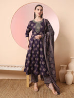 Yufta Purple Pure Cotton Chikankari Anarkali Kurta Dupatta Pant Set - Distacart