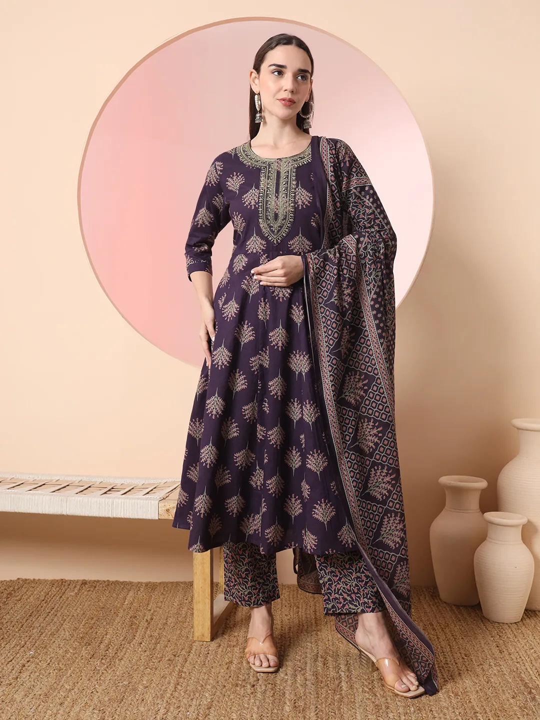 Yufta Purple Pure Cotton Chikankari Anarkali Kurta Dupatta Pant Set - Distacart