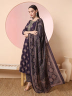 Yufta Purple Pure Cotton Chikankari Anarkali Kurta Dupatta Pant Set - Distacart