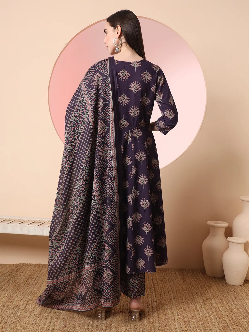 Yufta Purple Pure Cotton Chikankari Anarkali Kurta Dupatta Pant Set - Distacart