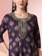 Yufta Purple Pure Cotton Chikankari Anarkali Kurta Dupatta Pant Set - Distacart