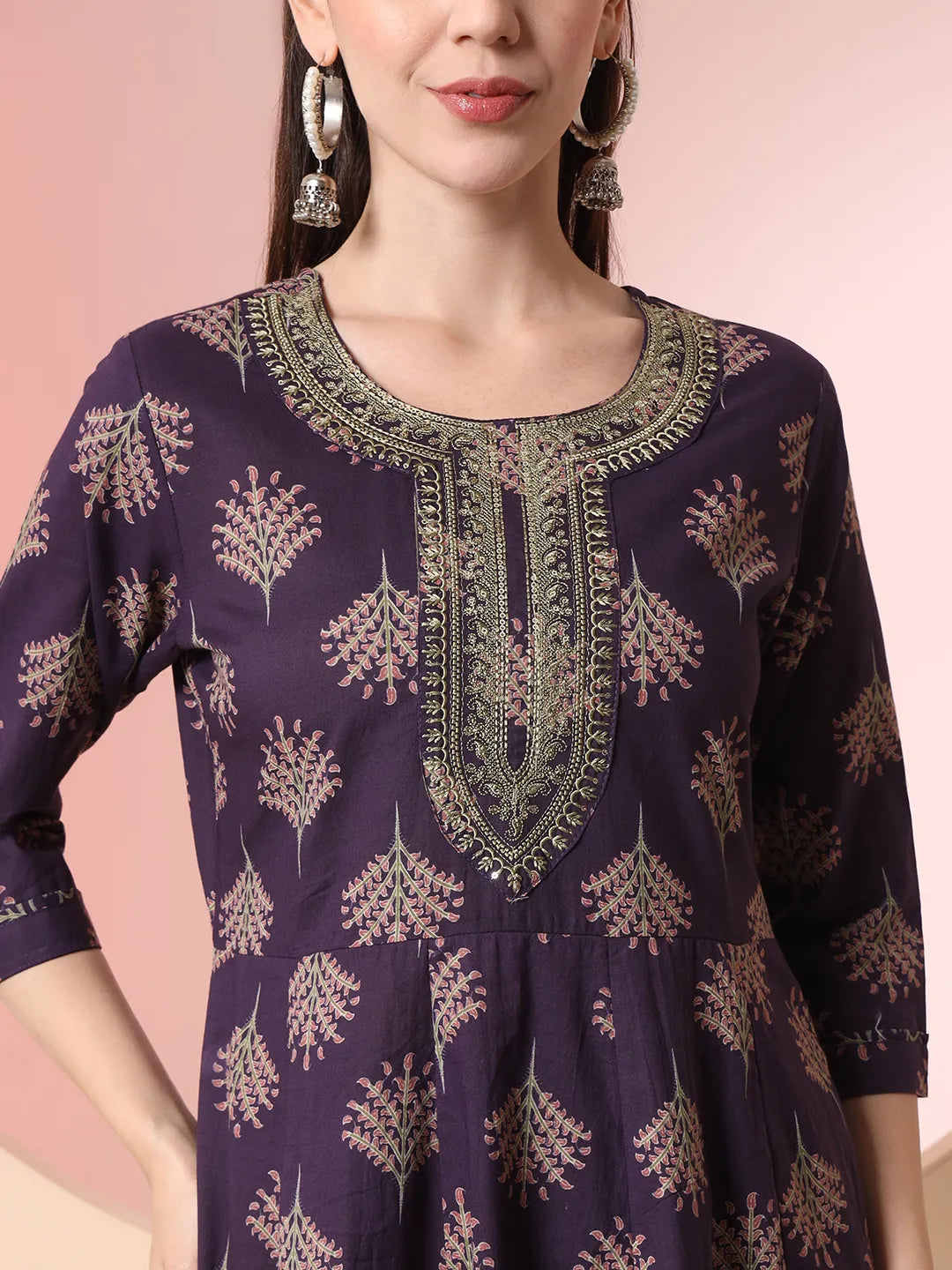 Yufta Purple Pure Cotton Chikankari Anarkali Kurta Dupatta Pant Set - Distacart