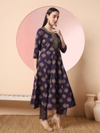 Yufta Purple Pure Cotton Chikankari Anarkali Kurta Dupatta Pant Set - Distacart