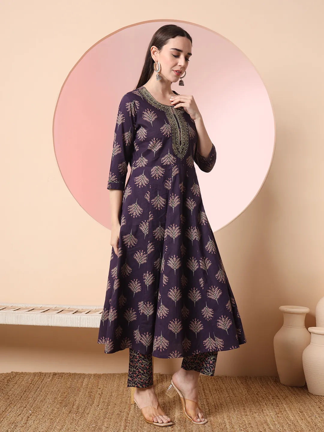 Yufta Purple Pure Cotton Chikankari Anarkali Kurta Dupatta Pant Set - Distacart