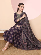 Yufta Purple Pure Cotton Chikankari Anarkali Kurta Dupatta Pant Set - Distacart