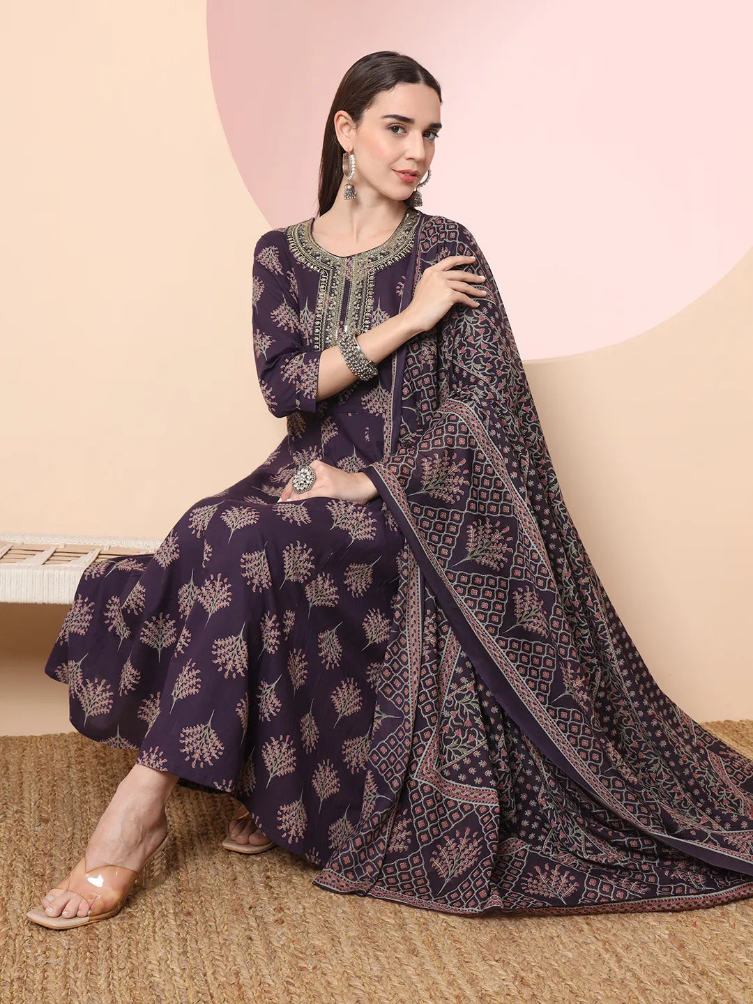 Yufta Purple Pure Cotton Chikankari Anarkali Kurta Dupatta Pant Set - Distacart