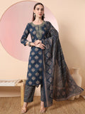 Yufta Teal Blue Pure Cotton Chikankari Straight Kurta Dupatta Pant Set