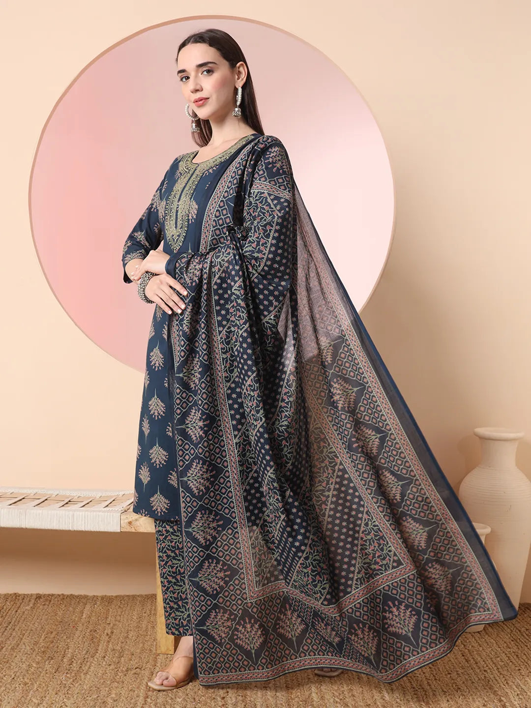 Yufta Teal Blue Pure Cotton Chikankari Straight Kurta Dupatta Pant Set