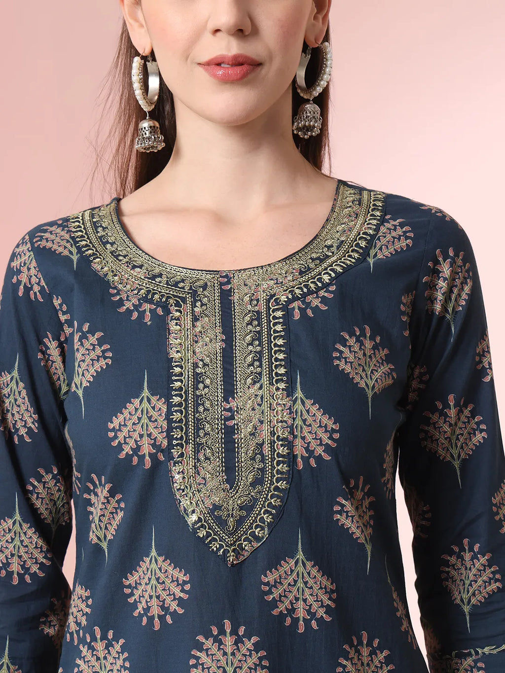 Yufta Teal Blue Pure Cotton Chikankari Straight Kurta Dupatta Pant Set
