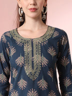 Yufta Teal Blue Pure Cotton Chikankari Straight Kurta Dupatta Pant Set