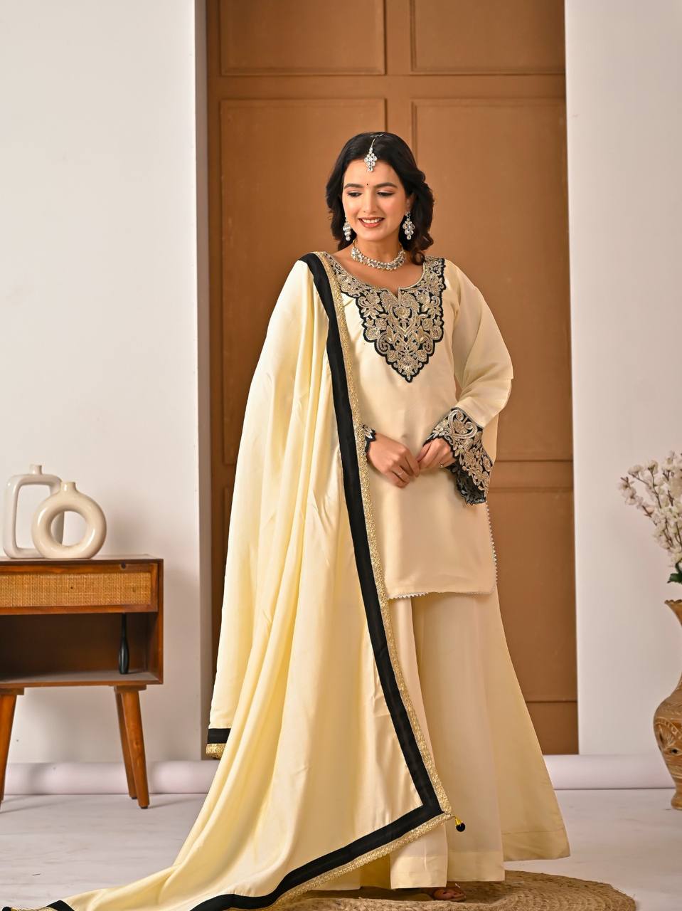 Yash Enterprise Off White Roman Silk Embroidery Party Wear Suit Set - Distacart