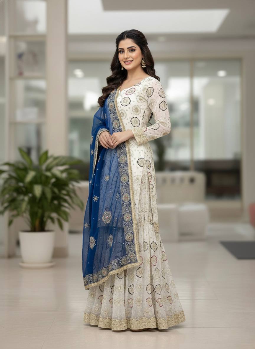 Yash Enterprise Off White Faux Georgette Embroidered Party Wear Suit Set - Distacart