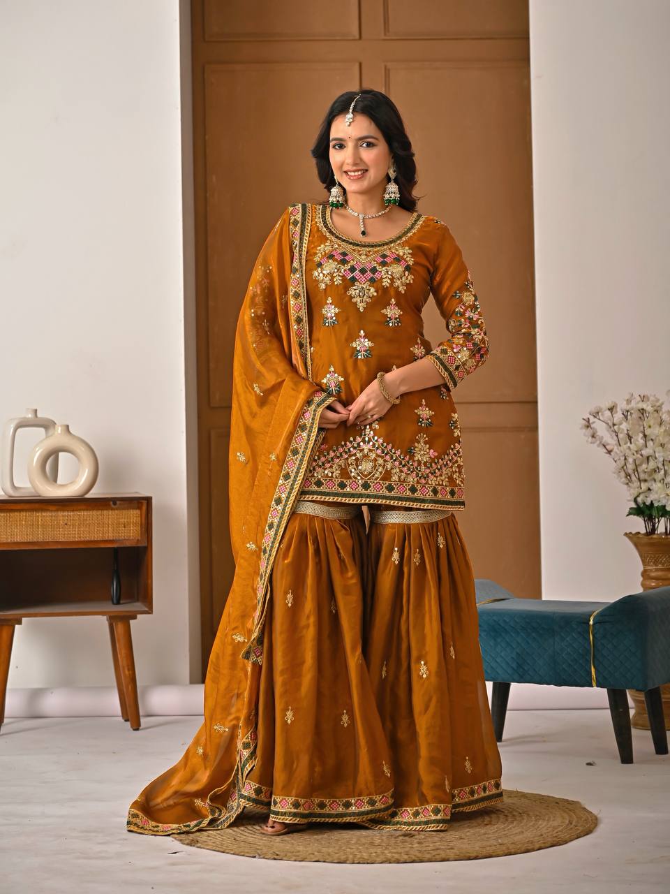 Yash Enterprise Orange Fandy Silk Party Wear Embroidery Suit Set - Distacart