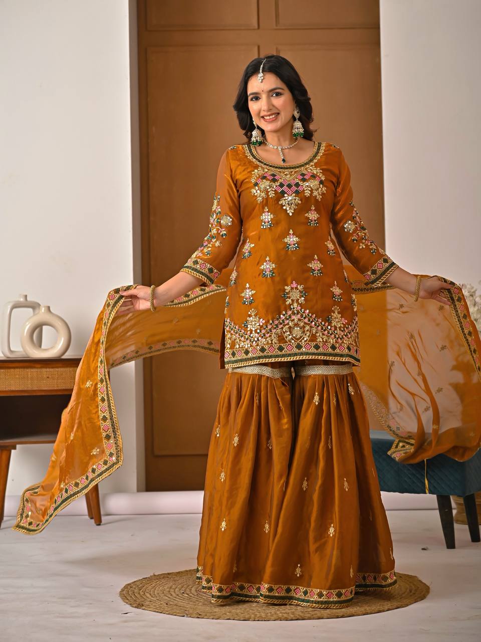 Yash Enterprise Orange Fandy Silk Party Wear Embroidery Suit Set - Distacart