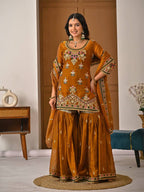 Yash Enterprise Orange Fandy Silk Party Wear Embroidery Suit Set - Distacart