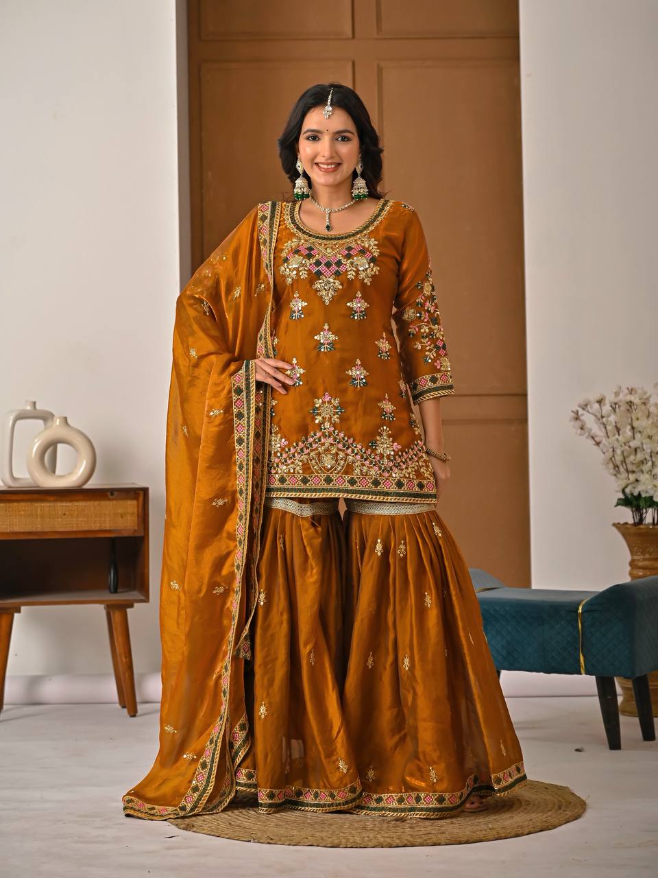 Yash Enterprise Orange Fandy Silk Party Wear Embroidery Suit Set - Distacart