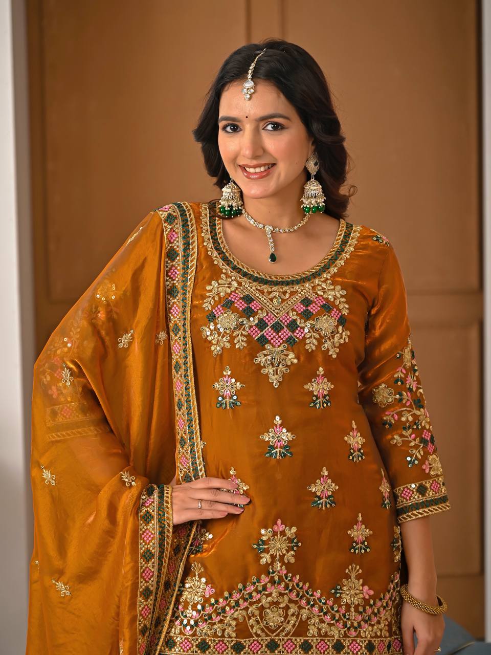 Yash Enterprise Orange Fandy Silk Party Wear Embroidery Suit Set - Distacart