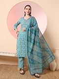 Yufta Green Pure Cotton Thread_Work Straight Kurta Dupatta Pant Set - Distacart