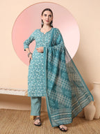 Yufta Green Pure Cotton Thread_Work Straight Kurta Dupatta Pant Set - Distacart