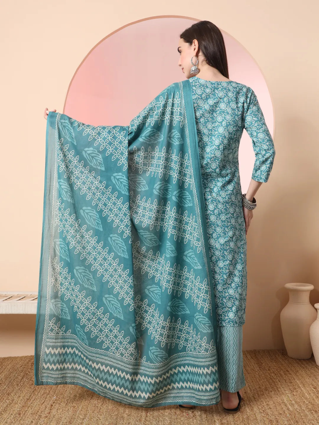 Yufta Green Pure Cotton Thread_Work Straight Kurta Dupatta Pant Set - Distacart