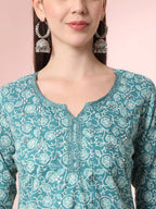 Yufta Green Pure Cotton Thread_Work Straight Kurta Dupatta Pant Set - Distacart