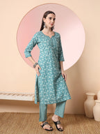 Yufta Green Pure Cotton Thread_Work Straight Kurta Dupatta Pant Set - Distacart