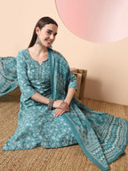 Yufta Green Pure Cotton Thread_Work Straight Kurta Dupatta Pant Set - Distacart