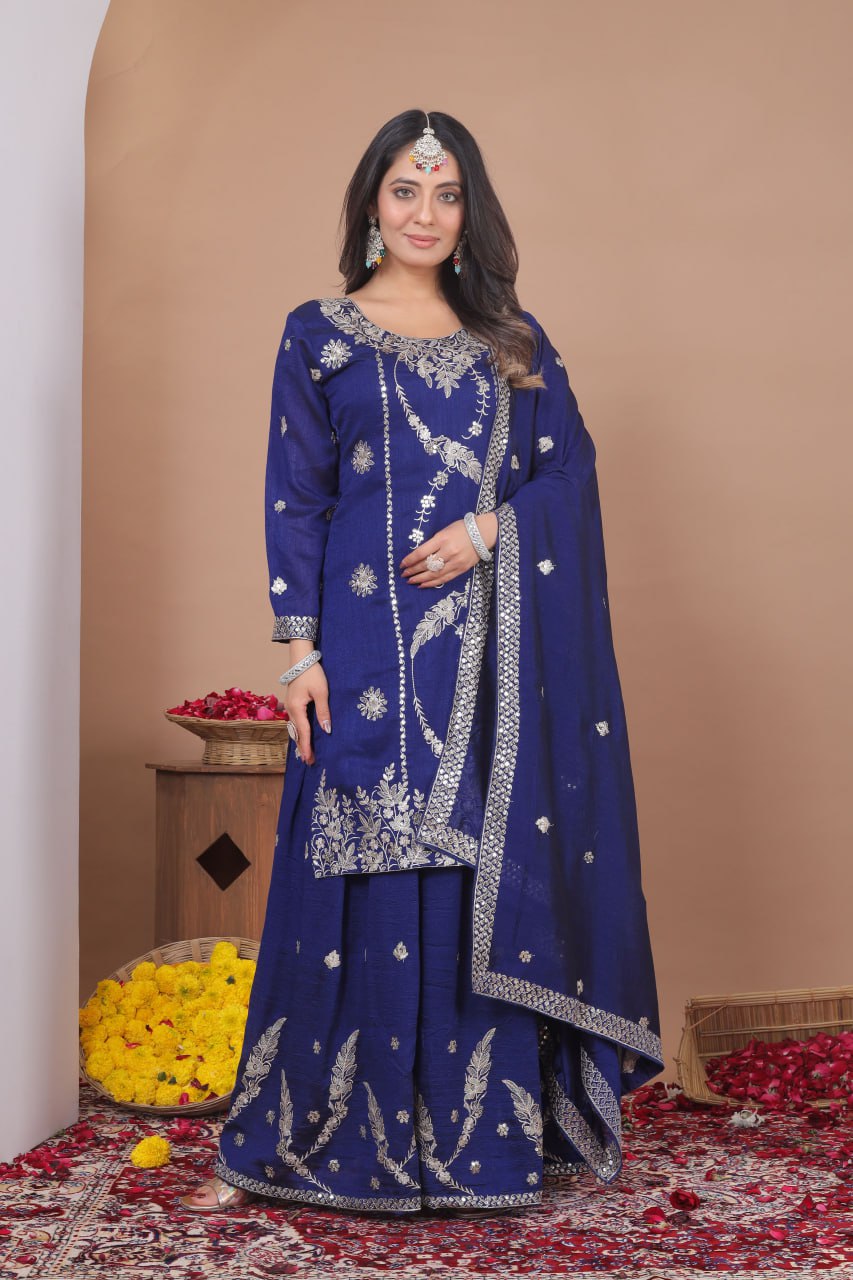 Yash Enterprise Navy Blue Vichitra Silk Embroidery Party Wear Suit Set - Distacart