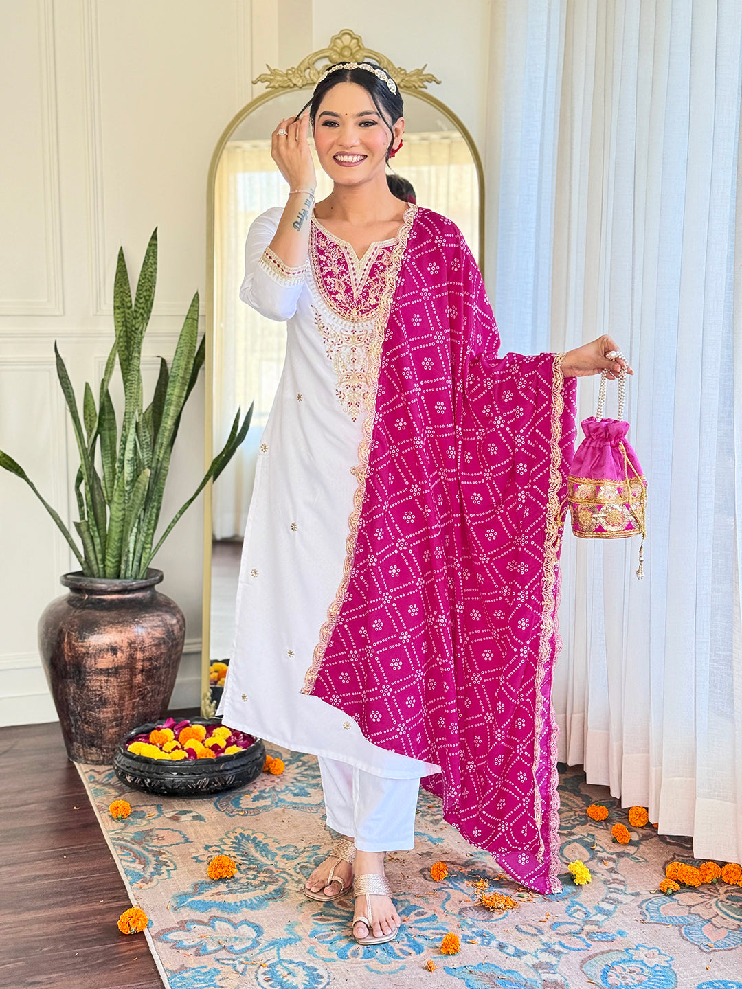 The52 Women's Embroidered Viscose Fabric Straight Kurta, Pant and Dupatta Set - Distacart